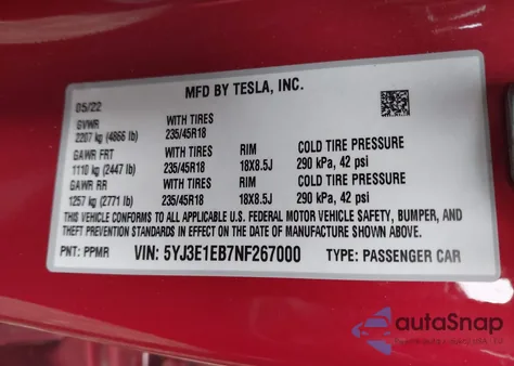 2022 Tesla Model 3 Long Range Dual Motor All-Wheel Drive from USA, damaged, VIN 5YJ3E1EB7NF267000